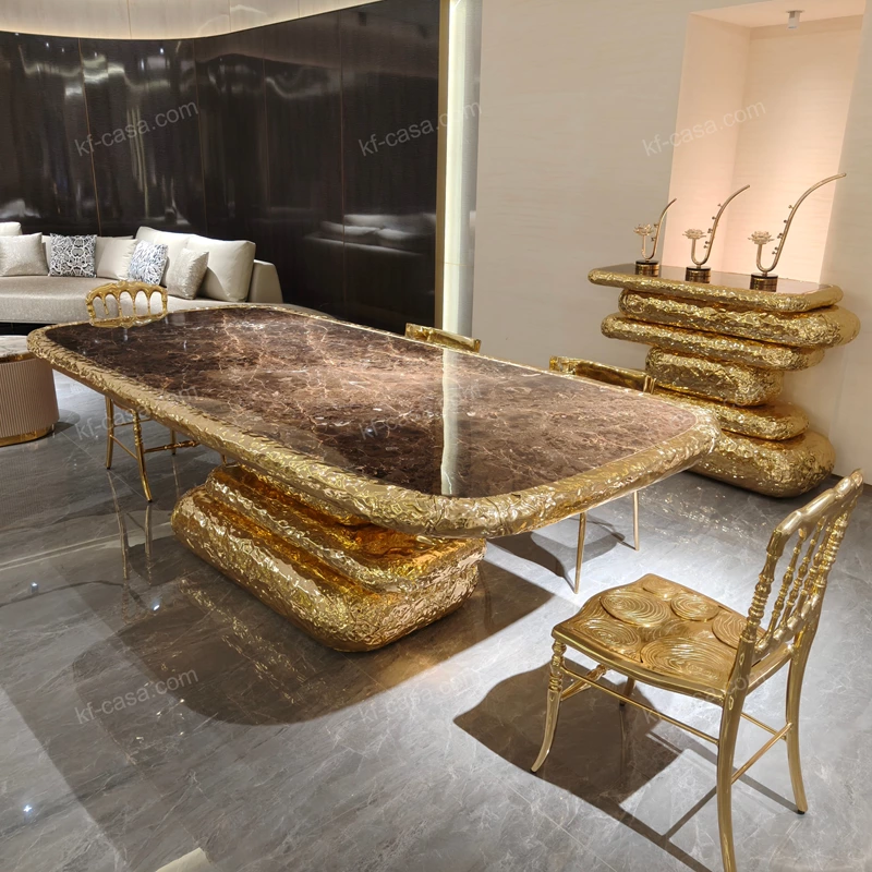 Layered Hammered Gold Dining Table with Dark Breccia Marble Top